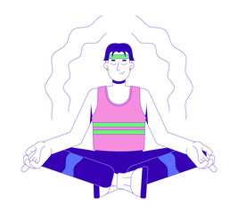 Korean man sitting in lotus position, meditating peaceful 2D cartoon character. Mindfulness inner balance. Asian guy isolated person flat vector on white background. Spot illustration colorful