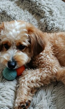 Fluffy Cavapoo Puppy Resting on a Plush Blanket with Toy