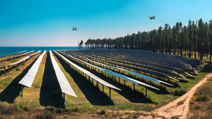 
A futuristic landscape with vast fields of solar panels, small robots maintaining the panels