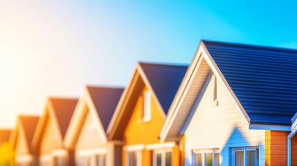 Colorful row of modern house under a bright blue sky with sunlight illuminating the scene