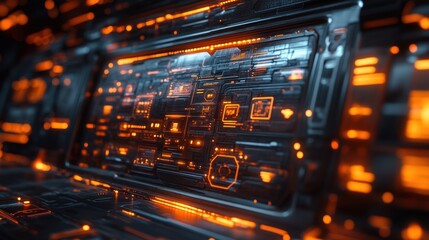 Obraz premium Futuristic interface displays data, glowing orange, tech background, user interface design