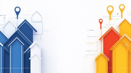 Colorful abstract representation of rising real estate market trends with house icons and arrows