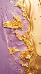 Naklejka premium Luxurious liquid gold flowing over a smooth lilac surface, creating a stunning contrast and elegant abstract texture
