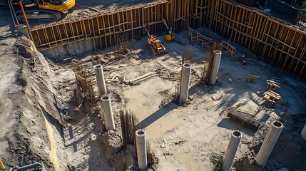 Construction Site Aerial View with Columns, Wood Forms, and Equipment