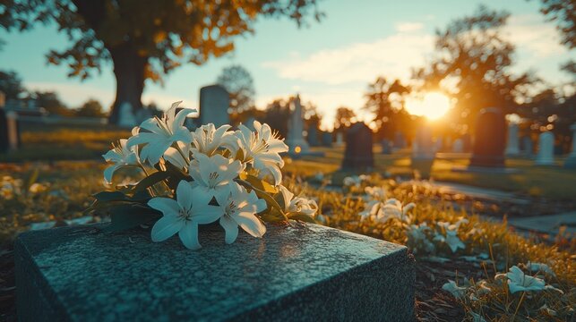 Sunset memorial flowers on grave, cemetery