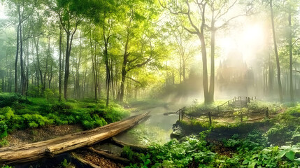 Obraz premium A mystical forest panorama with a tranquil river, the sunset casting golden light over the trees, a majestic castle