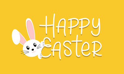 Vector easter banner with cartoon bunny on yellow background. Easter banner with the inscription 