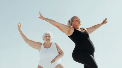 Obraz premium Elderly woman and younger woman practicing yoga together outdoors, embracing wellness and active aging under a bright sky