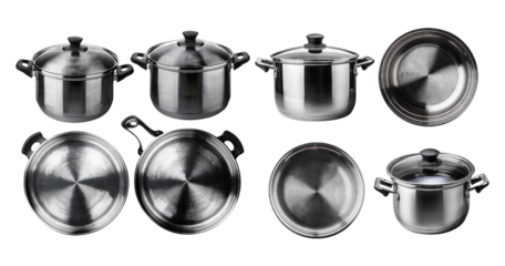 Stainless Steel Cookware Set with Lids and Different Sizes, isolated on transparent background
