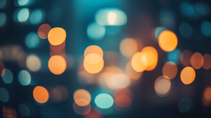 Obraz premium A collection of blurred bokeh city lights in deep blue and golden hues creating a soft and atmospheric urban night scene