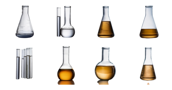 Laboratory glassware collection with various liquids and solutions, isolated on transparent background