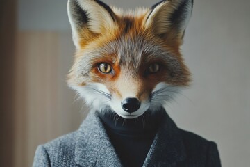 Fototapeta premium Close up of anthropomorphic fox wearing a gray suit and black turtleneck, showcasing a stylish bob haircut