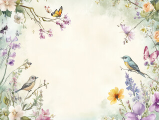 Colorful birds perched on branches in a blooming spring garden
