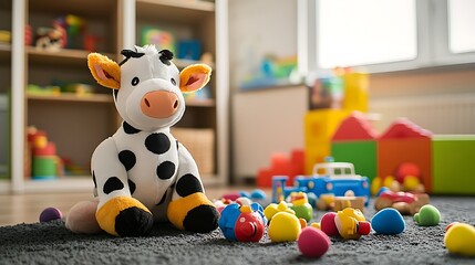 Obraz premium Stuffed cow sitting inside a child's playroom colorful toys scattered around