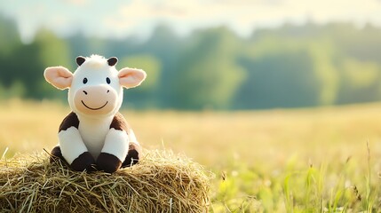 Stuffed cow sitting on a haystack in sunny countryside field