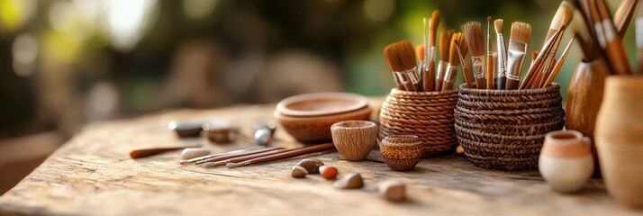artisan workbench, a d-rendered web banner depicts a wooden workbench with traditional craft tools under warm lighting and a blurred background