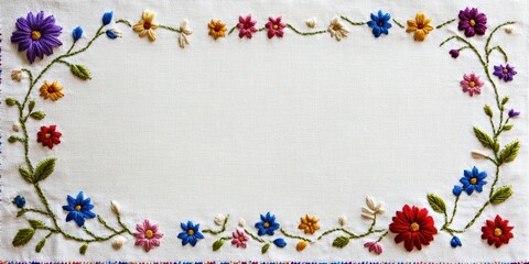folk art postcard, an expressive, folk-art-style postcard highlighting traditional embroidery and textile designs, with colorful flowers and geometric patterns an area is left clear for a