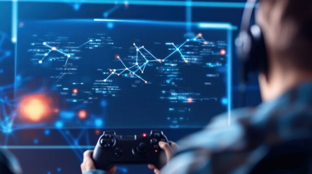 Engaging in virtual gaming digital environment gaming content futuristic space behind the player immersive experience - Powered by Adobe