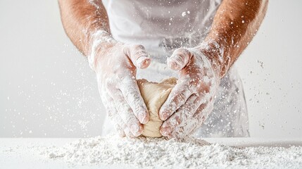 Fototapeta premium Close up of hands covered in flour shaping dough, flour dust bursts into the air against a bright white background. Baker's hands kneading dough. Food preparation concept.