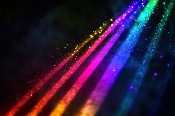 Obraz premium Radiant Rainbow Light Beams Exploding on Black Background, Vivid Color Spectrum, Dynamic Energy, Abstract Art, Modern Design Element, Perfect for Posters, Wallpapers, Banners, Websites, Digital Art, 