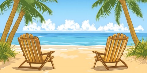 Tropical island with two wooden beach chairs on a sandy shore under palm trees, overlooking an ocean view. Bright cartoon vector style illustration