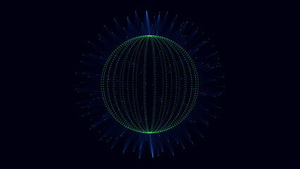 Abstract colors sci-fi sphere with particles and lines. Technology network connection on world. Futuristic vector illustration. Global digital connections ai. 3D wireframe geometric sphere.