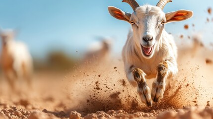 Obraz premium This lively image shows a goat rapidly running through a dusty field, expressing joy and energy in a beautifully lit and vibrant natural setting, capturing the essence of freedom.