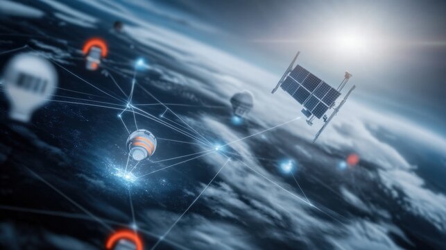 Satellite communication innovation space orbit digital technology cosmic environment aerial view connectivity concept