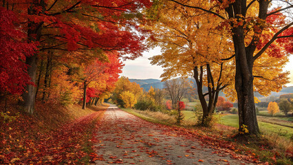Obraz premium Autumn Pathway with Falling Leaves, Creating a Beautiful Seasonal Background.