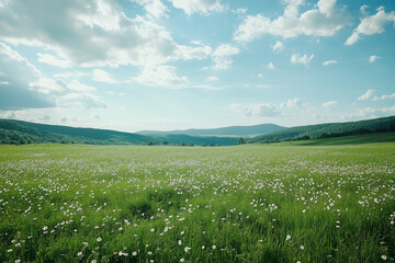 Fototapeta premium Green field with daisies sunny day 
