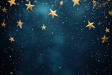 Naklejka premium Celestial Winter Night: A Dark Blue Background Adorned with Sparkling Golden Stars and Delicate Snowflakes, Perfect for Holiday Designs, Winter Themes, Festive Celebrations, and Magical Winter 