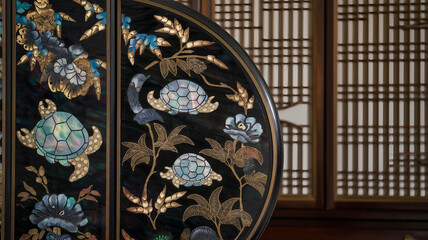 Obraz premium Traditional Korean mother-of-pearl inlay pattern with turtle and bamboo from Sipjangsaeng, symbolizing longevity strength, crafted iridescent nacre, black lacquer, gold accents, and delicate carving