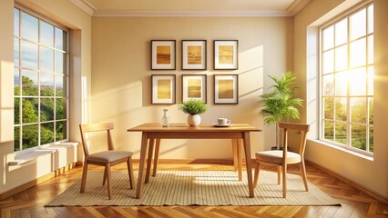 Empty Picture Frames on Wall, Room Interior with Window and Table, Chairs