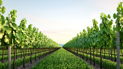 Obraz premium Lush vineyard rows under a clear sky, showcasing grape cultivation.