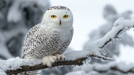 Fototapeta premium Snowy Owl Perched on a Snowy Branch in Winter