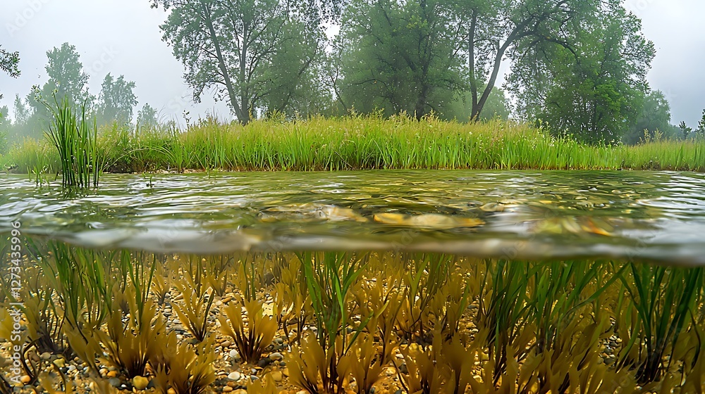 Poster split perspective, river scene, grasses above and below, with trees and sky in the background