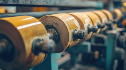 Fototapeta premium Rows of large yellow industrial paper rolls in a factory