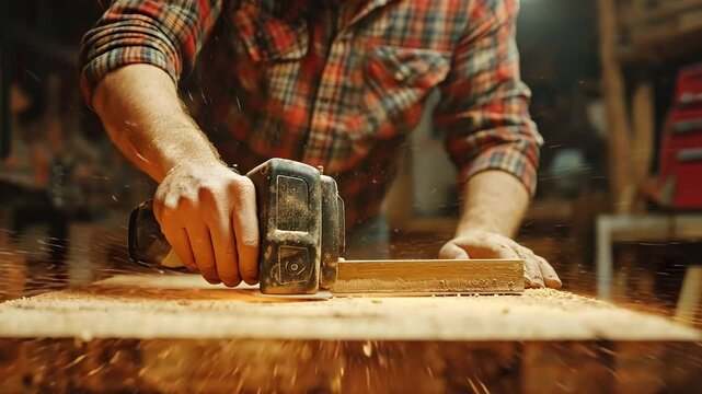 A man is cutting a chunk of wood with a power saw.