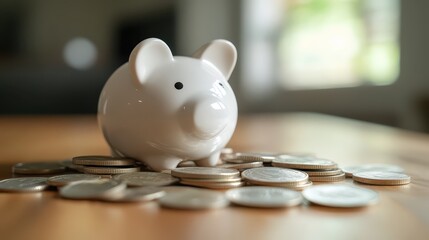 Saving and budgeting a cute piggy bank sitting on top of a large pile of shiny gold coins for finance