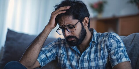 Obraz premium Man sitting on a couch with his head in his hands, expressing frustration or despair