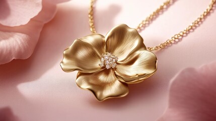 A luxurious gold flower pendant with an antique finish, softly illuminated against a pastel pink backdrop