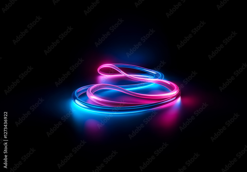 Poster shenzhen, china - unknown date : vibrant neon ribbon glows in pink and blue hues against a stark bla