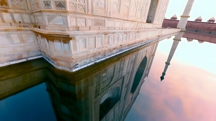 The Taj Mahal at dawn  reflecting in the water 