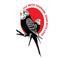 This modern and stylish artwork features two beautifully illustrated budgerigars perched gracefully on a branch. Their intricate feather patterns, bold black and white contrast, and sharp detailing