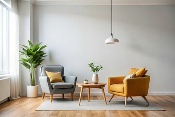 Fototapeta premium Minimalist Living Room Mockup: Blank Wall, Armchair & Coffee Table Web Banner