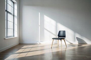 Fototapeta premium Minimalist Room: Black Chair by Window, White Wall - Modern Interior Stock Photo
