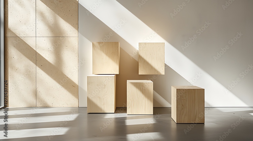 Poster stacked cubes art installation under sunlight with patterned wall backdrop