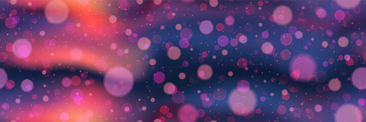 Blurred bg with purple and red siren neon lights and overlay bokeh effect and noise texture. Gradient mesh seamless vector illustration. © Kusandra