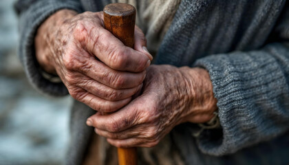 Fototapeta premium elderly hands, wrinkled skin, weathered, grasping cane