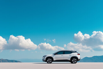 Obraz premium A concept electric crossover SUV with a matte silver finish, positioned on a futuristic landscape with soft shadows. The car has a streamlined body and no visible branding or text.